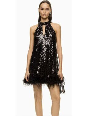 Hutch Anthropologie Sequin Feather Trim Mini Dress Small Black New